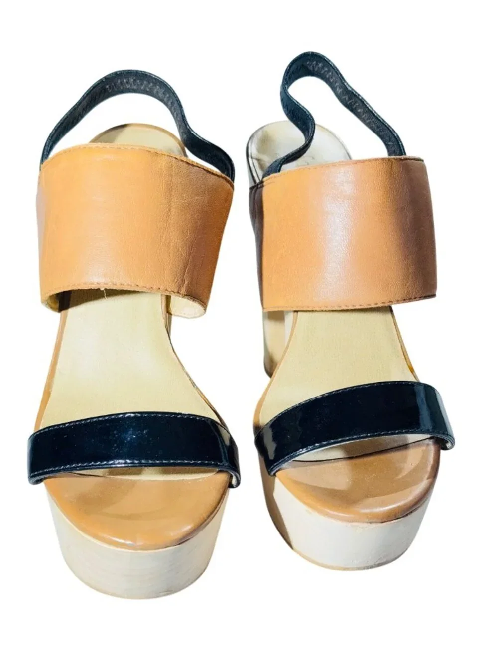 LEVITY Leather & Patent Platform Sandals With Elastic Strap & Wooden Block Heels